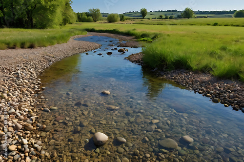 Crystal clear stream flowing through lush green meadow