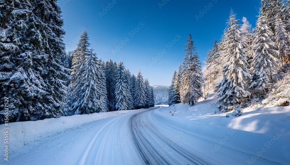Obraz premium snowy winter road winds through a tranquil snow covered forest under a clear sky