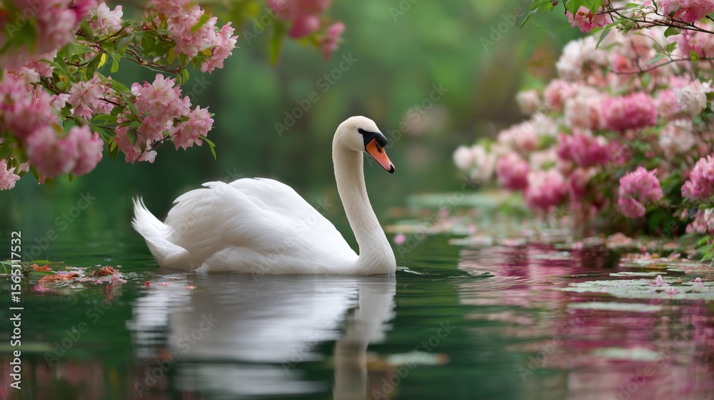 Fototapeta premium white swan swimming in spring lake with pink flowers and green background