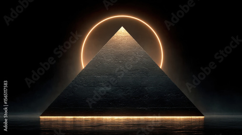 Striking black pyramid with golden tip is illuminated from above, creating captivating visual effect against dark background. scene evokes sense of mystery and wonder