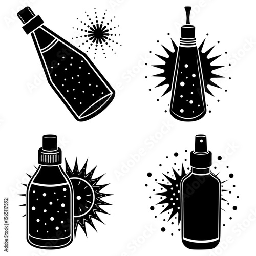 Illustration of four bottles with different shapes and spray nozzles with starbursts around them