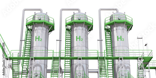 Green hydrogen gas storage isolated on transparent background. Green hydrogen generated by splitting water through zero-emission electrolysis. 3D illustration