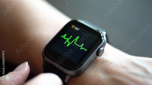Person checking a smart watch on their wrist, focusing on heart data and statistics