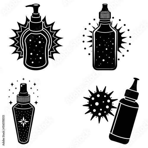 Illustration of four bottles with various designs and shapes on a white background in black ink