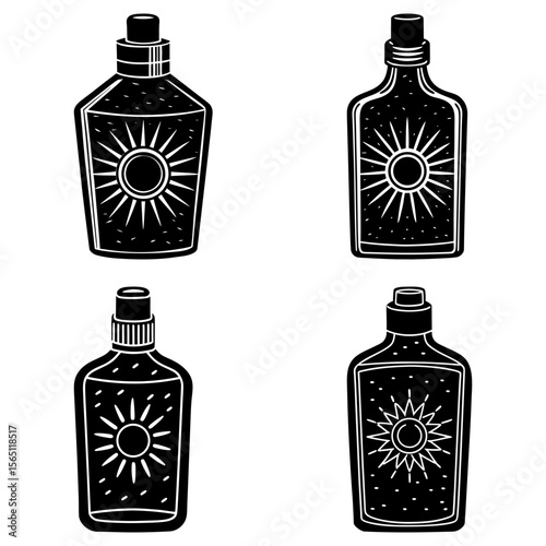 Illustration of four black and white bottles with sun designs for sunscreen or tanning lotion product