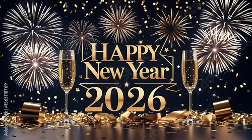 Wallpaper Mural An inspiring photo realistic shot displays a Happy New Year 2026 greeting card, reflecting a festive and celebratory atmosphere with elegant gold typography. Torontodigital.ca