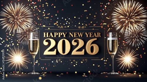 Wallpaper Mural A captivating photo realistic image depicts a Happy New Year 2026 greeting card, highlighting sparkling fireworks, confetti, and champagne glasses, conveying a festive atmosphere. Torontodigital.ca