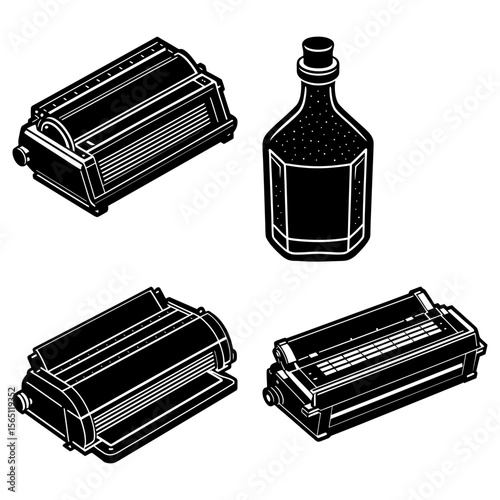 Illustration showing three printer cartridges and a bottle with a stopper in black and white style