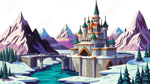 majestic frozen castle rises among snow-covered peaks and shimmering ice bridges cartoon an enchanted realm of magic, frost, and towering architecture born for fantasy quests