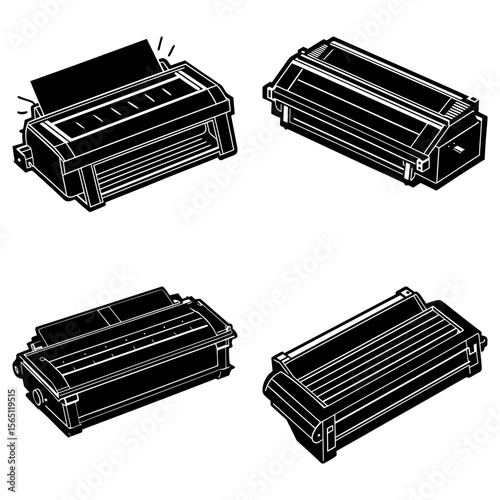 Four black and white illustrations of printer cartridges in different perspectives and orientations shown