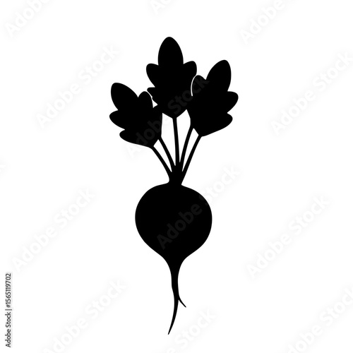 Minimalist black silhouette of a radish with leafy green top on white background