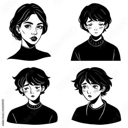 Four monochrome portraits of people with varying expressions and hairstyles in a grid arrangement