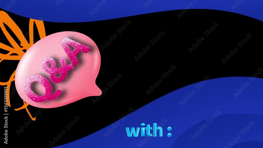 nimated Video Clip Q andA Template Modern Design Icon with Black Background and Balloon Shaped Text Q and A in PINK and With Text in Light Blue, While Other Design Icons are Blue, Pink, Orange