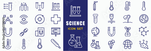 Laboratory icon set. Containing experiment, science, test tube, microscope, flask, chemical, biology, research, lab, technician and more. Editable line icons. Vector illustration.
