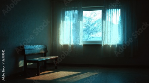 Wallpaper Mural Cozy Wooden Bench by Bright Window Framed by Lush Green Tree Creating a Tranquil Indoor Escape Torontodigital.ca