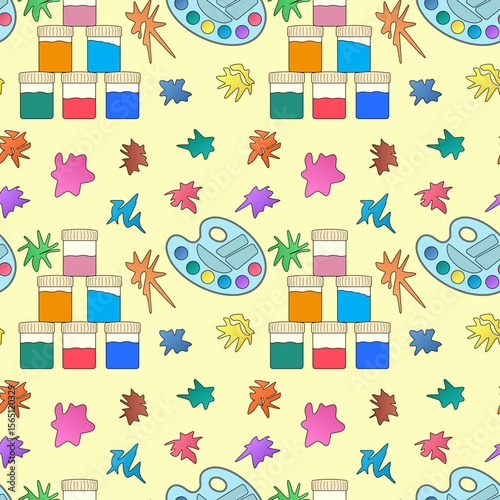 Seamless artistic art pattern with paint jars, palettes and colorful paint splashes on yellow background. For back to school theme, school supplies or stationery design, textile print, wrapping paper.