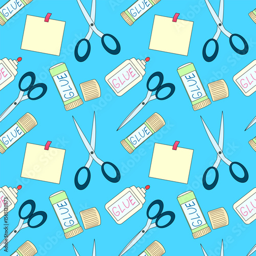 Seamless pattern of school supplies with scissors, glue sticks, and sticky notes illustration on blue background. For back to school theme, school stationery design, textile print, and wrapping paper.