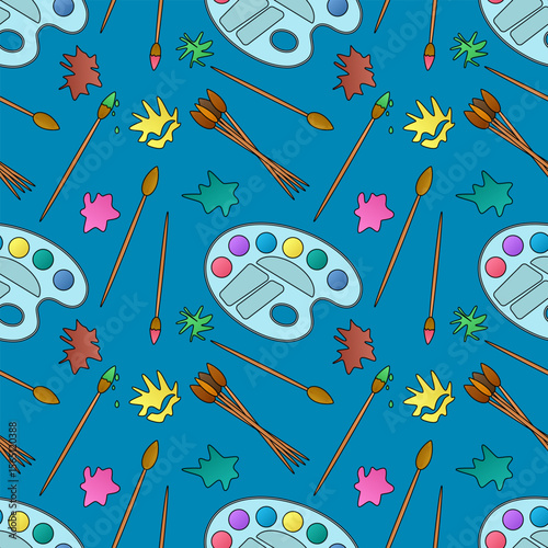 Seamless art supplies pattern with watercolor palettes, brushes, and colorful paint splashes on blue background. For back to school theme, school stationery design, textile print, and wrapping paper.