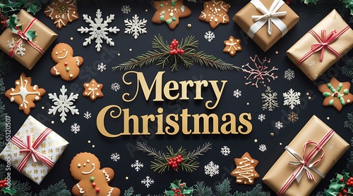 Wallpaper Mural A captivating photo realistic image depicts a Merry Christmas card design, highlighting sparkling snowflakes, beautifully wrapped gifts, and delicious ginger cookies, conveying a warm  Torontodigital.ca