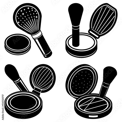 Illustration showcasing multiple makeup brushes and powder compacts in a monochrome style drawing