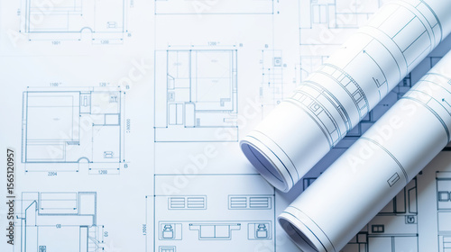 Blueprints and architectural plans rolled up on table, showcasing detailed designs and measurements for construction projects