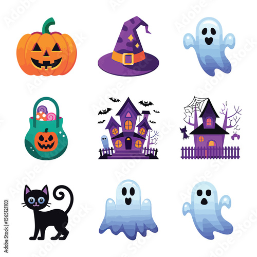 2d vector illustration Halloween t shirt icon design items ghost character Candles in carved pumpkin
