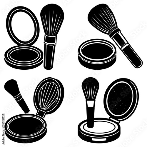 Four sets of makeup compacts and brushes in a black and white graphic design illustration style