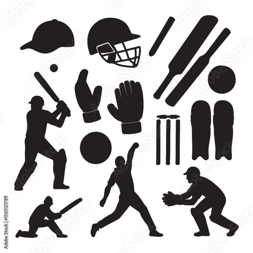Cricket Players in Action Silhouettes