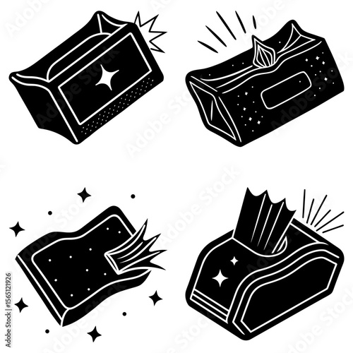 A set of four black and white illustrations of different styles of cleaning wipes and cleaning cloths