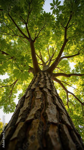 Towering tree with textured bark and vibrant green leaves stretches towards sky, creating serene and peaceful atmosphere