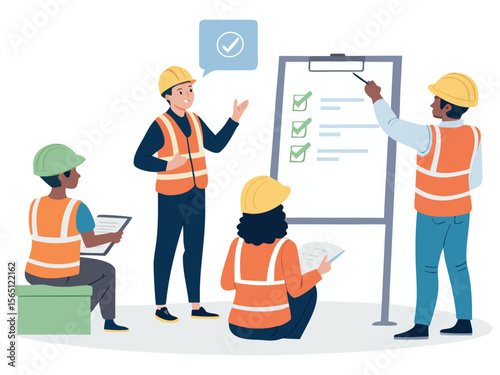 3D cartoon construction worker with a yellow helmet building on the road