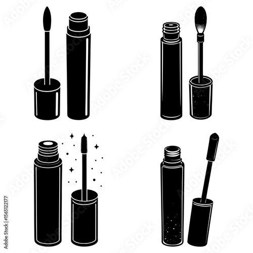 Illustration of four mascara tubes with applicators in black and white vector format design style