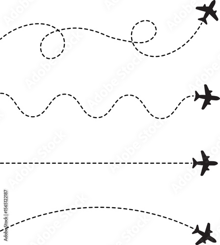 Plane line track path icon set, Flight icon symbol, customizable stroke, vector, illustration