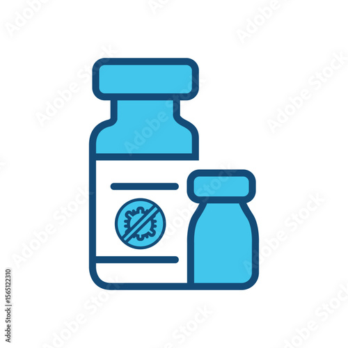 Vaccine Bottles Icon - Antiviral Medicine Vials for COVID-19 or Flu Prevention - Flat and Line Style Vector, Vector icon of two medicine or vaccine bottles, with virus protection symbol on the label. 