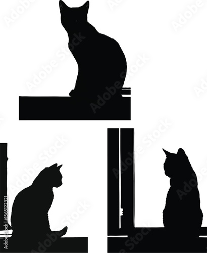 Black silhouette of a sitting cat on a windowsill