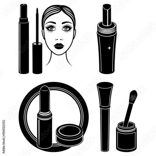 Illustration of various makeup products including lipstick, mascara, and eye shadow in black and white