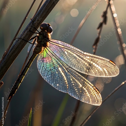 Beautiful dragonfly with iridescent wings perched on a thin stem illuminated by the morning sunlight