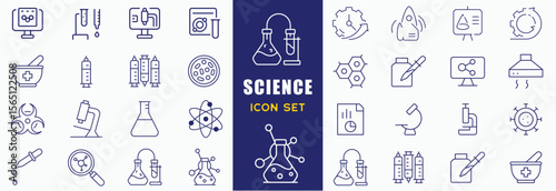 Laboratory icon set. Containing experiment, science, test tube, microscope, flask, chemical, biology, research, lab, technician and more. Editable line icons. Vector illustration.