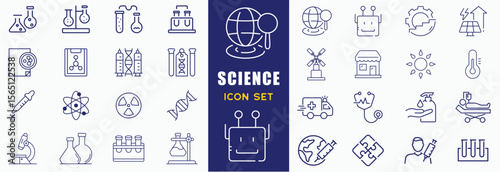 Laboratory icon set. Containing experiment, science, test tube, microscope, flask, chemical, biology, research, lab, technician and more. Editable line icons. Vector illustration.