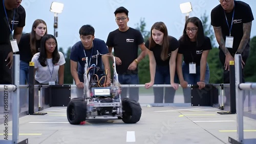 Robot competition team of students watching a small robot on a track