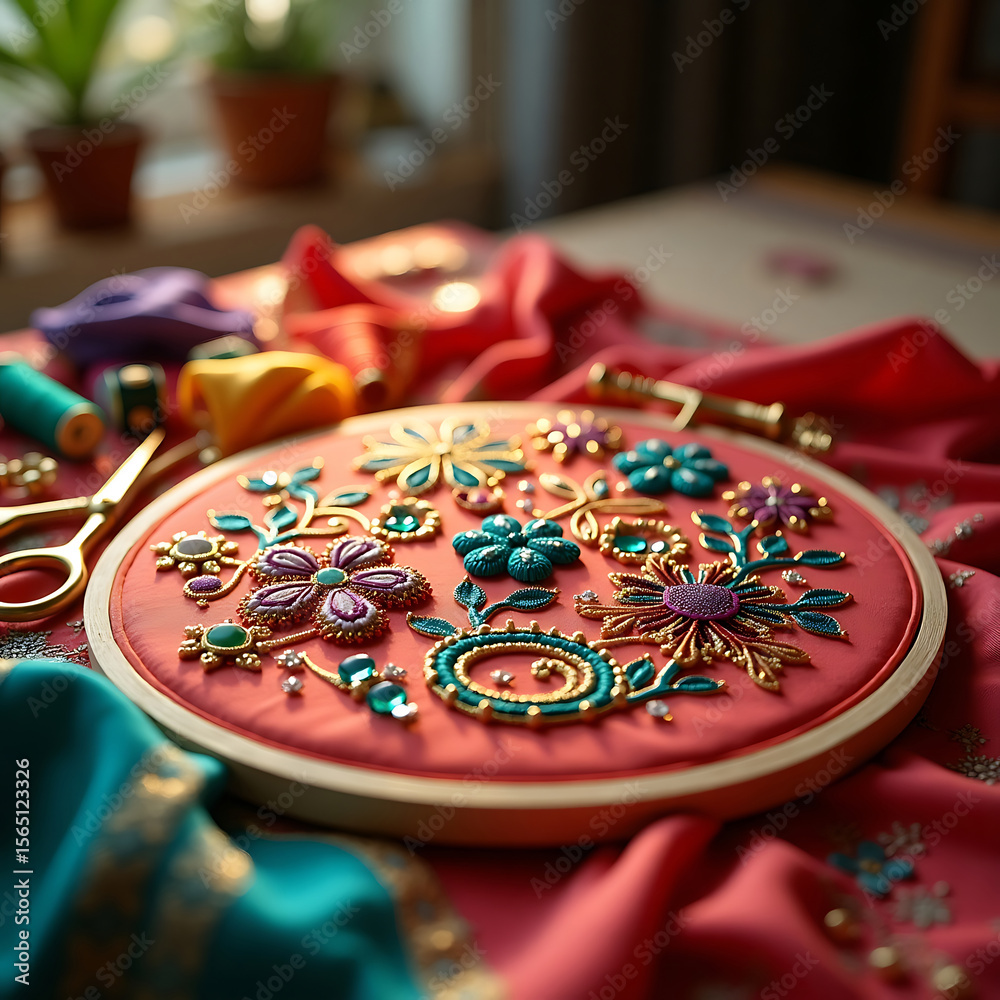 Fototapeta premium Intricate Hand Embroidery with Beads and Thread on Vibrant Fabric