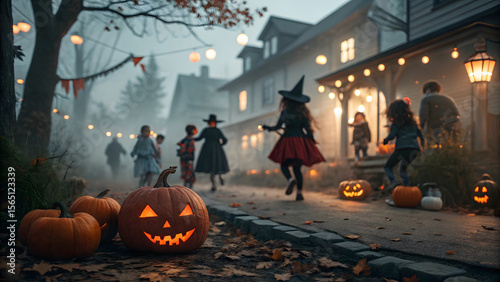 Spooky Halloween Night Scene with Carved Jack-o-Lantern Pumpkins and Trick-or-Treaters in Costumes on Decorated Street Generative AI