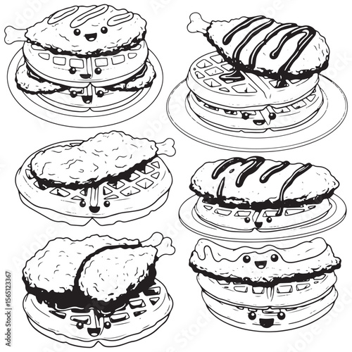 Chicken And Waffles kawaii face black vector. Chicken And Waffles  black Vector bundle.  Chicken And Waffles black vector, illustration, lineart 
