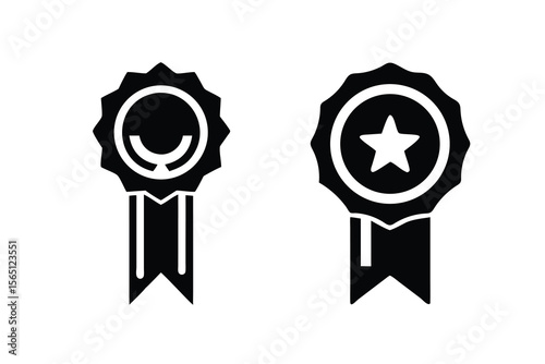 Two black silhouette award ribbons with different central emblems representing achievement and recognition on a white background
