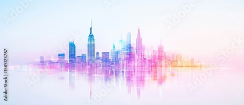 A vibrant New York City skyline blends with the artistic concept of a medieval castle. Modern architecture collides with history in a surreal digital watercolor representation