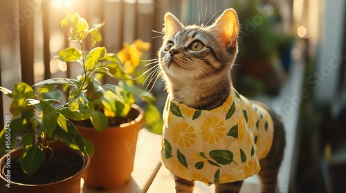 A curious cat wearing a lemon-patterned outfit, gazing up near potted plants in a sunlit indoor setting.