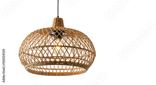Elegant woven rattan pendant lamp hanging against a dark backdrop, illuminating the space with a warm glow, ideal for home decor