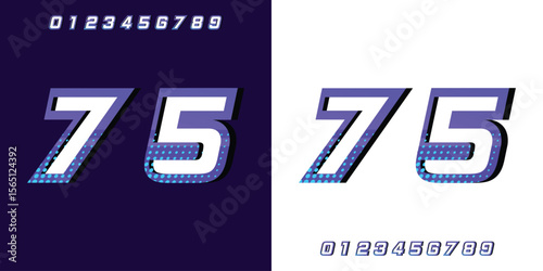 Racing number 75 in purple and halftone on white and black background