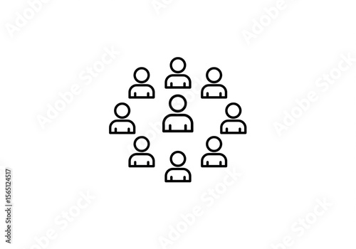 A group of people icons arranged in a circle on a white background in a simple line drawing style
