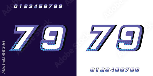 Racing number 79 in purple and halftone on white and black background